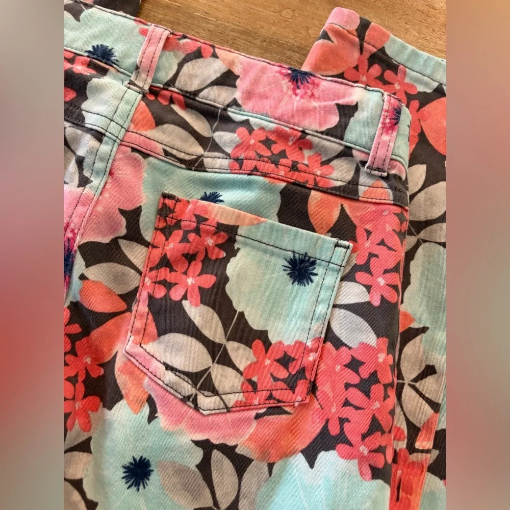 Gymboree Girls Stretch Jeans‎ Size 8 Adjustable Waistband, Coral & Aqua Floral